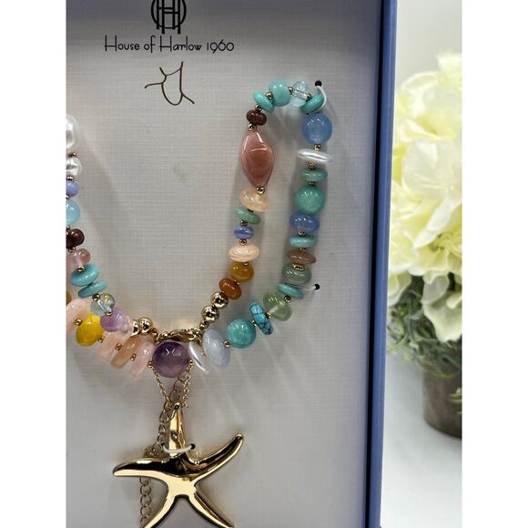 House of Harlow 1960 Faux Pearl Glass Beads Pink yStarfish Pendant Necklace New - Picture 4 of 8